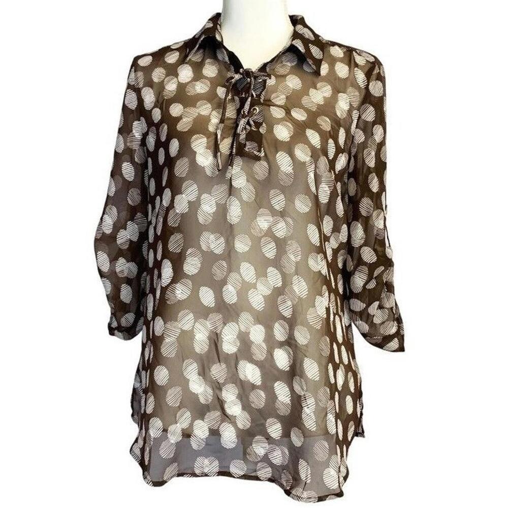 Chico's Roll Tab Sleeve Lightweight Brown Printed Sheer Blouse Top Size Medium 1